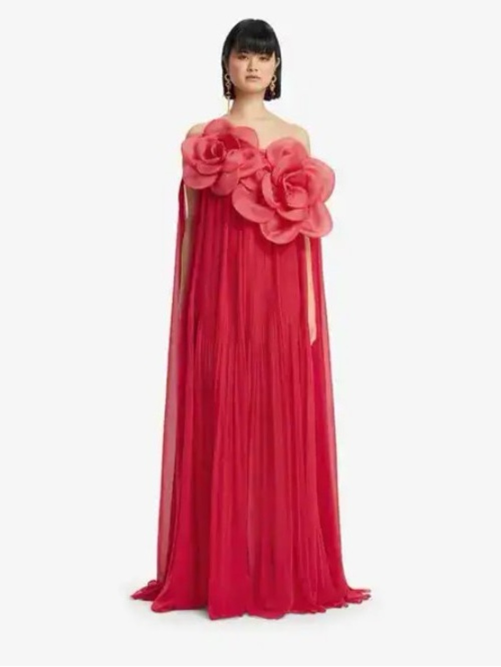LEO LIN Jaclyn Red 3D Rose Floral Appliqué Pleated Cape Maxi Gown AU8/US4 NWOT